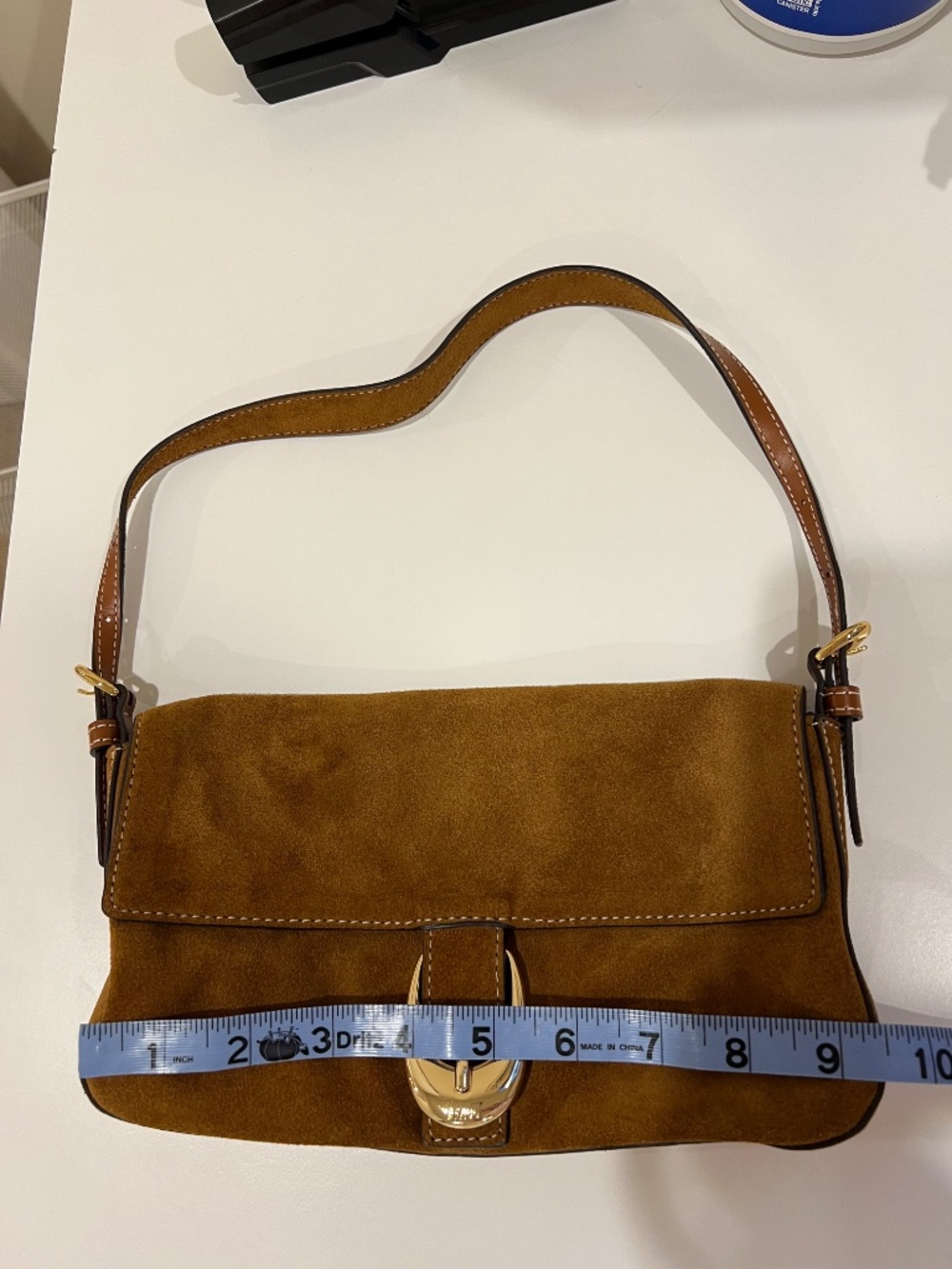 STAUD Harlow Buckle Shoulder Bag Tan Suede Gold Hardware Flap Purse - Picture 4 of 6